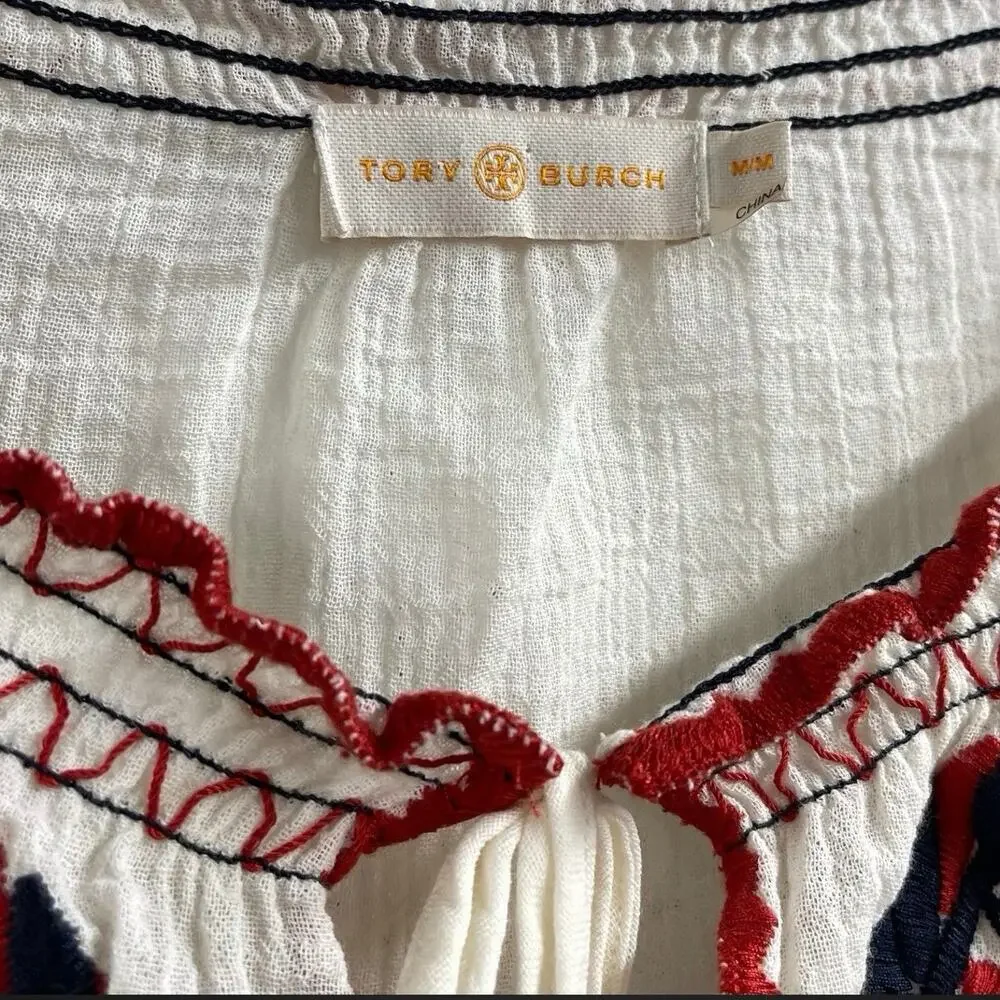 Tory Burch Mari Peasant Top M Cream Embroidered Boho 100% Cotton